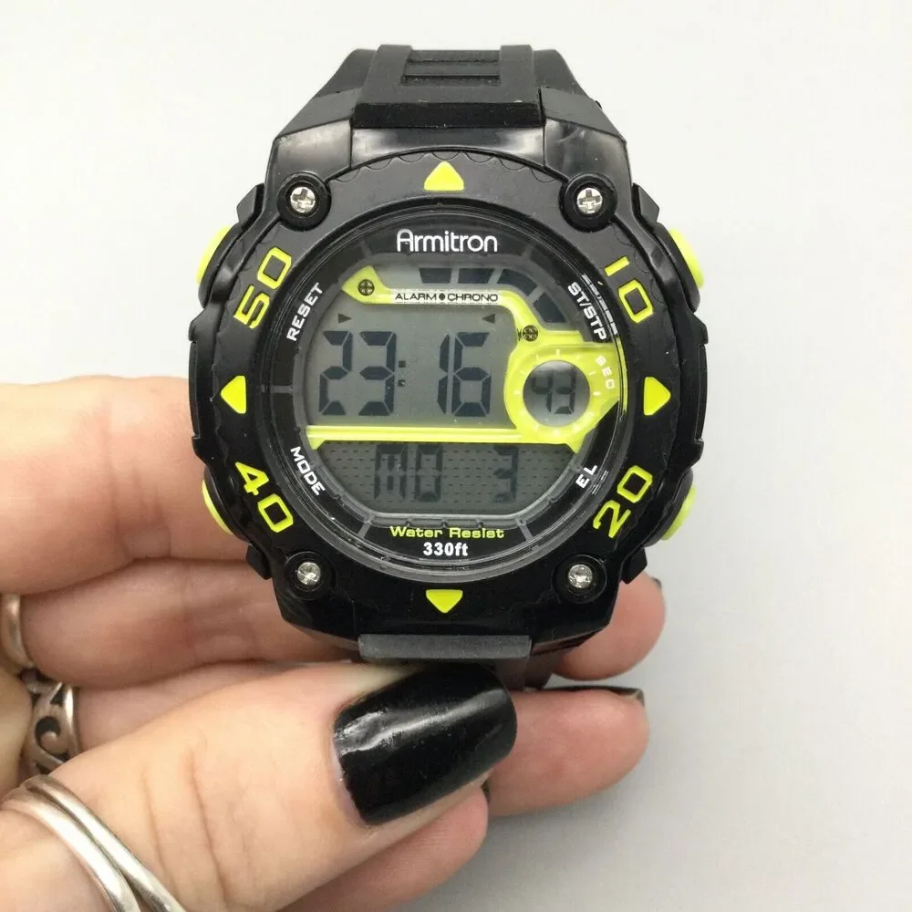 Armitron Pro Sport Digital Watch Men Black Neon Yellow Day Date 100M New Battery - Picture 9 of 14